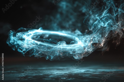 Abstract glowing plasma circle shape on dark background. Mystical energy effect with dynamic teal smoke.