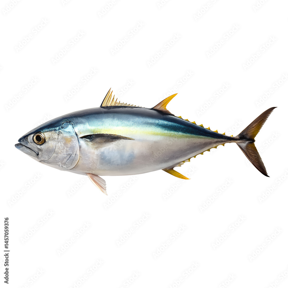 Fototapeta premium Shining Tuna in Detail: A striking, close-up of a Tuna fish, showcasing its sleek form, vibrant colors and the beauty of its aquatic world.