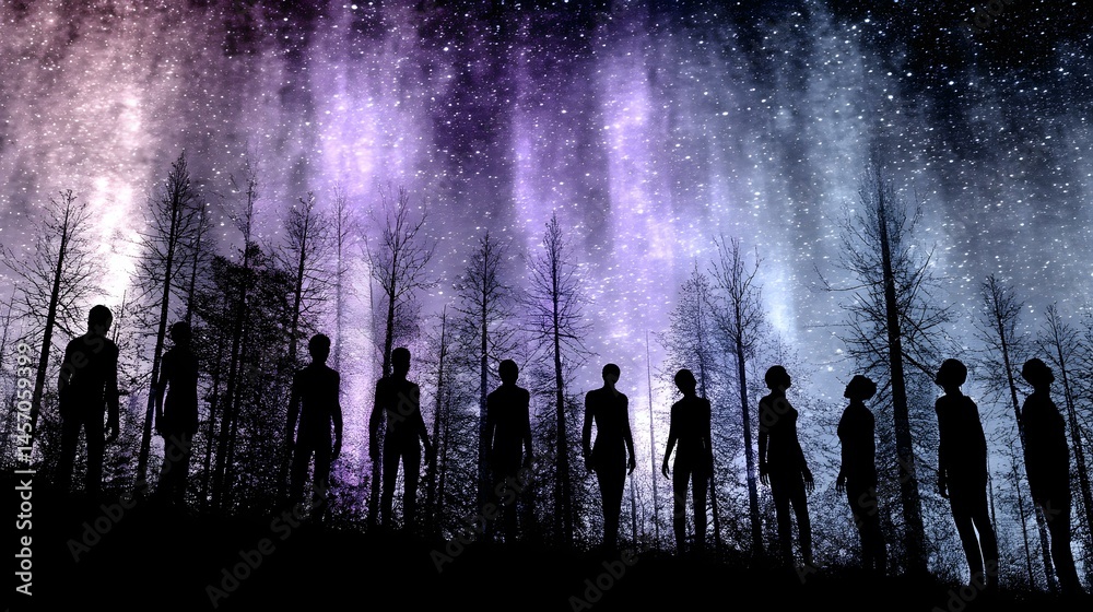 watchers observing rewilded terrain under a glowing sky watchers observing rewilded terrain under a glowing sky