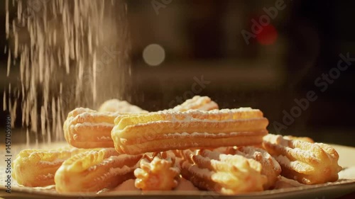 Churros sprinkled with powdered sugar close-up