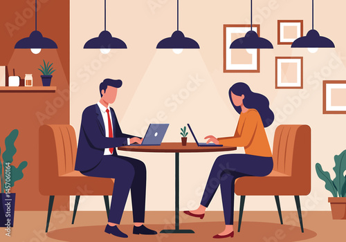 Vibrant flat vector illustration of a casual office meeting. A man and woman collaborate on a laptop in a relaxed lounge setting or modern coffee shop. Modern workplace concept