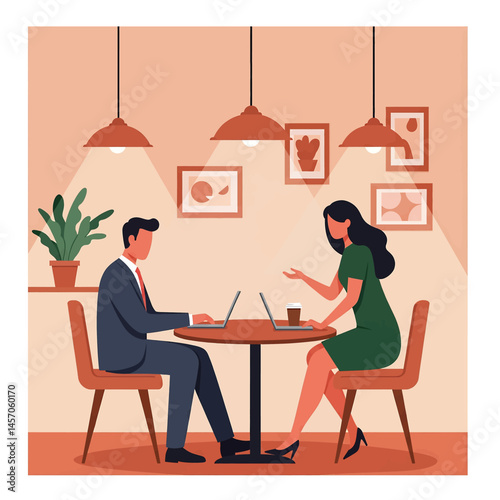 Vibrant flat vector illustration of a casual office meeting. A man and woman collaborate on a laptop in a relaxed lounge setting or modern coffee shop. Modern workplace concept