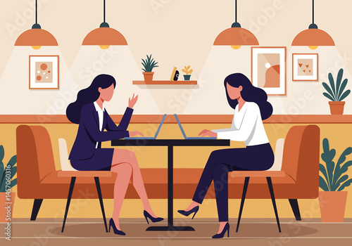 Vibrant flat vector illustration of a casual office meeting. A man and woman collaborate on a laptop in a relaxed lounge setting or modern coffee shop. Modern workplace concept