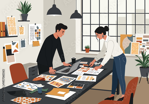 Vibrant flat vector illustration of a casual design office meeting. Two colleagues collaborate on a project with sketches, swatches, and a laptop. Creative teamwork