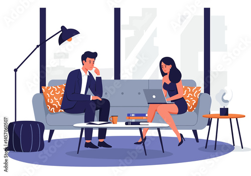 Vibrant flat vector illustration of a casual office meeting. A man and woman collaborate on a laptop in a relaxed lounge setting or modern coffee shop. Modern workplace concept