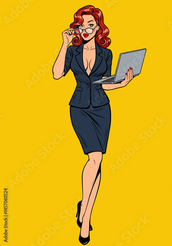 Vibrant pop art flat vector illustration of a confident pin-up secretary girl. Retro businesswoman style on a vibrant background