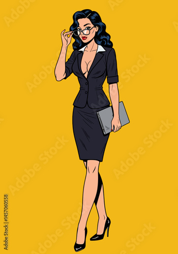 Vibrant pop art flat vector illustration of a confident pin-up secretary girl. Retro businesswoman style on a vibrant background