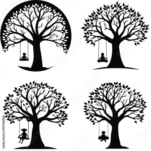 Set Of Black And White Tree Silhouettes With Children On Swings Vector