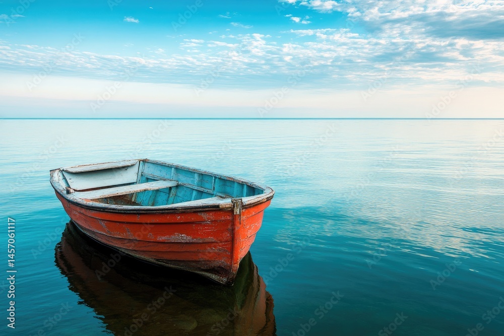 A weathered red boat floats peacefully on tranquil water, reflecting the serene sky. Sunrise or sunset hues paint the water and clouds A weathered red boat floats peacefully on tranquil water, reflecting the serene sky. Sunrise or sunset hues paint the water and clouds