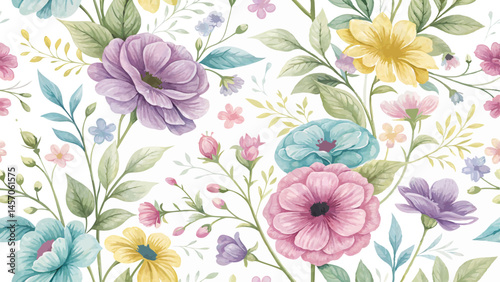 Wallpaper Mural Vibrant Hand-Painted Floral Pattern - Colorful Botanical Watercolor Illustration Torontodigital.ca