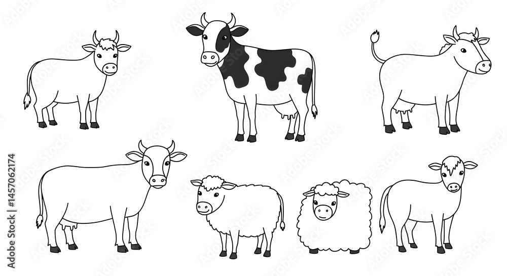 Obraz premium Cow and Sheep Cartoon Illustration Line Art Farm Animals Livestock