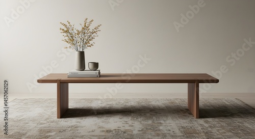 Modern wooden coffee table styled with dried flowers and books.
