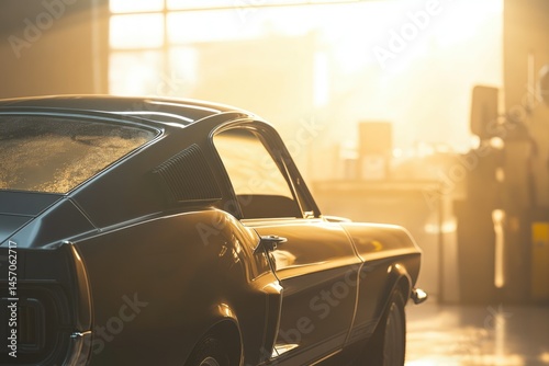 A classic black Mustang, bathed in golden sunlight, sits in a garage, a timeless symbol of American automotive history.