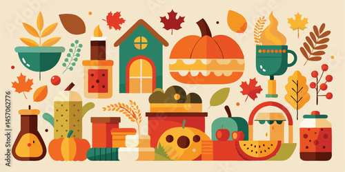 Autumn still life illustration with pumpkins leaves candles and drinks flat design