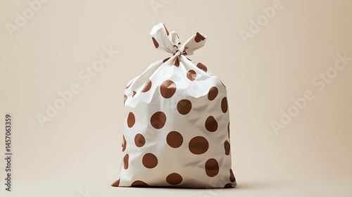 A white bag with brown polka dots in varying sizes scattered across it