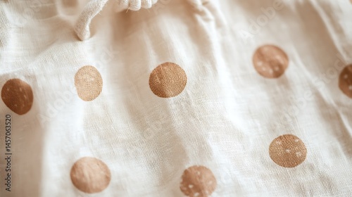 A white bag with brown polka dots in varying sizes scattered across it