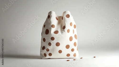 A white bag with brown polka dots in varying sizes scattered across it