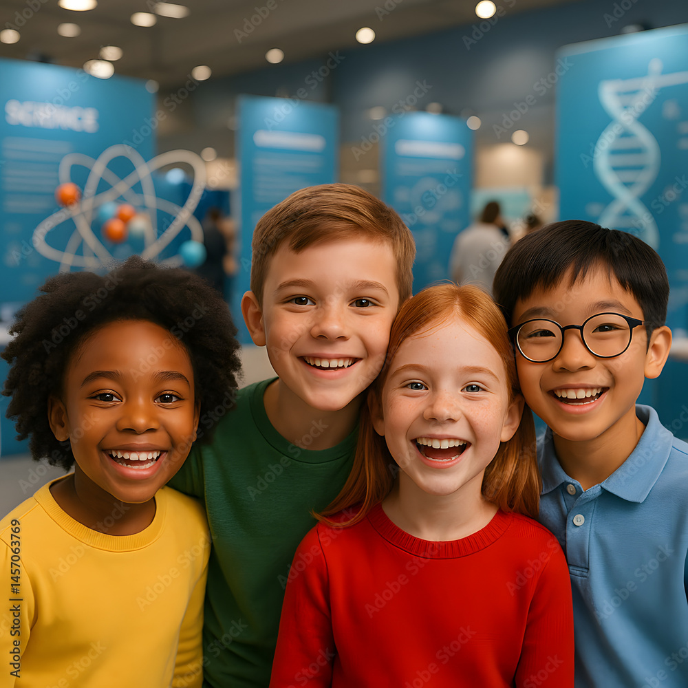 Joyful Minds at Science Fair: A group of diverse, smiling children pose in front of science exhibits, eager to explore and learn within a dynamic environment Joyful Minds at Science Fair: A group of diverse, smiling children pose in front of science exhibits, eager to explore and learn within a dynamic environment