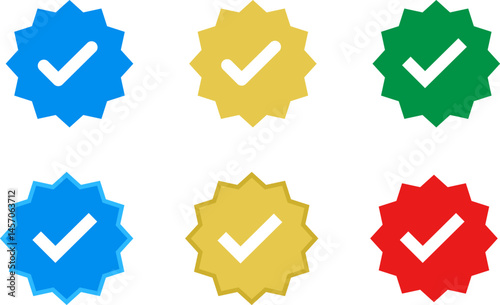 Check mark tick verification icons set symbol vector - Blue, Gold, Green and Red. Verified check mark badge. Verification icons. Verified authentication symbol.