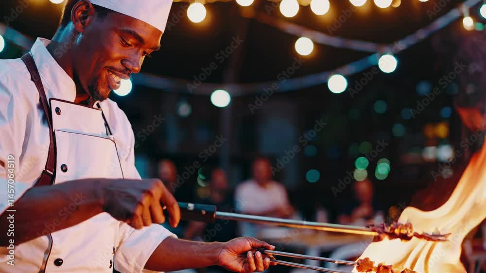 African american chef grilling meat skewers over a barbecue fire at an outdoor evening event, illuminated by string lights, demonstrating culinary expertise and passion for food