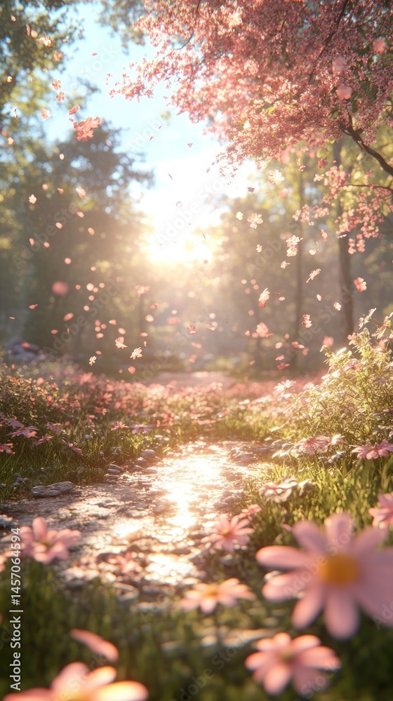 Obraz premium Sunny meadow with pink flowers and a bright sunny view