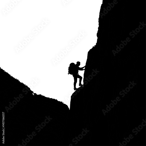 Silhouette of a climber with backpack ascending a steep rock face against a bright white background