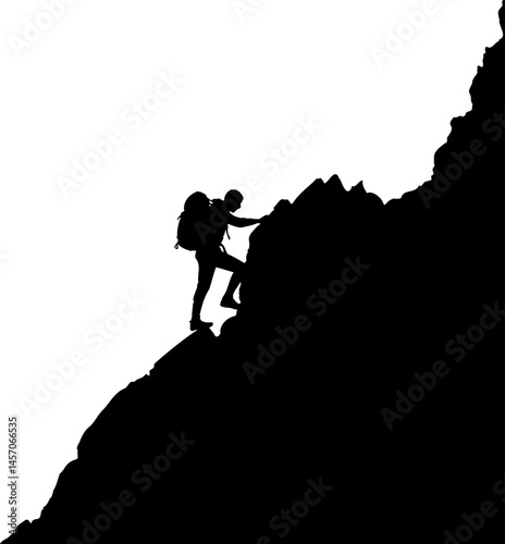 Silhouette of a climber with backpack ascending a steep rocky mountain against a white background
