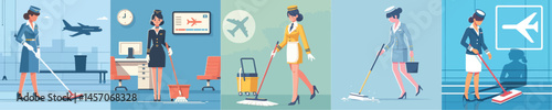 vector flight attendant mopping the floor