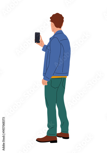 Young man in casual clothes standing rear view, holding cell phone and making photography. Colorful flat vector illustration isolated on transparent background