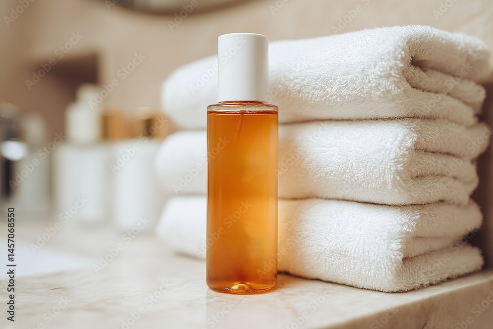 Elegant bathroom with neatly stacked towels and a bottle of oil for a relaxing spa experience Elegant bathroom with neatly stacked towels and a bottle of oil for a relaxing spa experience