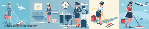 vector flight attendant mopping the floor