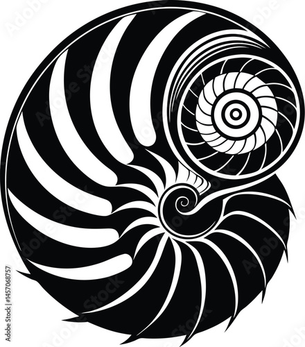Nautilus shell silhouette, Nautilus sea shell or spiral round snail shell vector silhouette on white background, vector illustration