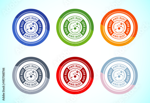 Anti rust icon design illustration. Anti oxidation, Rust resistant sign symbol, 6 color button design set