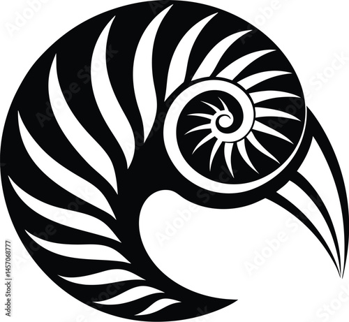 Nautilus shell silhouette, Nautilus sea shell or spiral round snail shell vector silhouette on white background, vector illustration