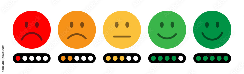 Fototapeta premium Customer satisfaction rating scale with emoji faces from sad to happy. Colorful feedback icons for reviews, surveys, UI, UX evaluation, and performance rating visuals. Feedback, rating emoji, icons.