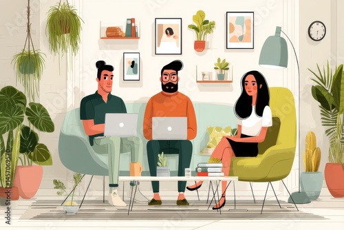 Asian woman and two men working remotely using laptops on sofa at a comfortable home office among plants