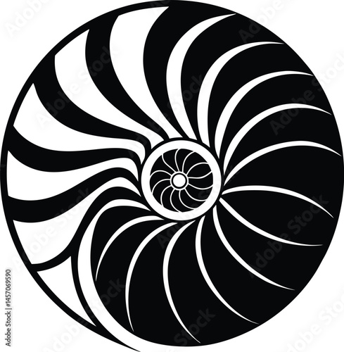 Nautilus shell silhouette, Nautilus sea shell or spiral round snail shell vector silhouette on white background, vector illustration