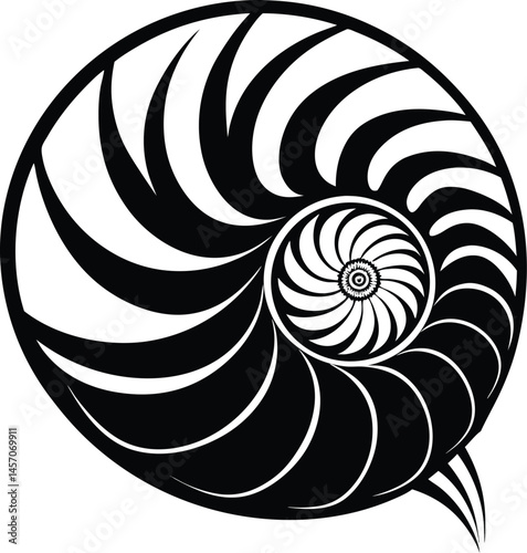Nautilus shell silhouette, Nautilus sea shell or spiral round snail shell vector silhouette on white background, vector illustration