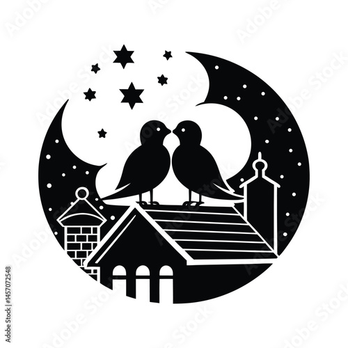Romantic Silhouette of Lovebirds on Rooftop at Night