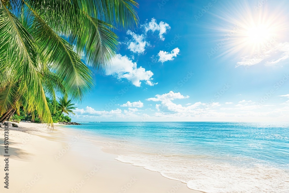 Tropical beach paradise with lush palm trees casting shade on pristine white sand. Azure water laps gently onto the shore under a vibrant, sunny sky Tropical beach paradise with lush palm trees casting shade on pristine white sand. Azure water laps gently onto the shore under a vibrant, sunny sky