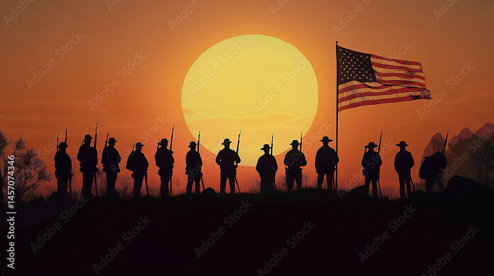 Fototapeta premium Silhouetted US Soldiers Standing Under American Flag at Sunset – Military Tribute and Patriotism Concept