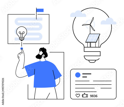 Person interacting with lightbulb ideas, solar panels, wind turbines, process mapping, and social media card. Ideal for sustainability, innovation, green energy, brainstorming strategy technology