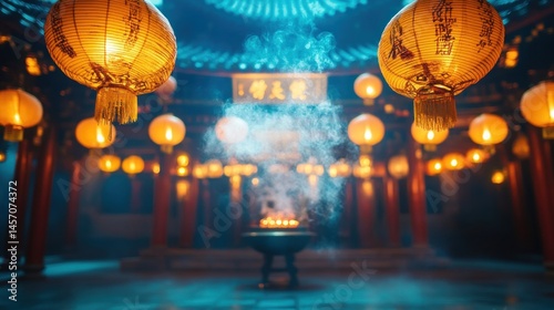 Intriguing temple interior, warm lighting, and incense smoke