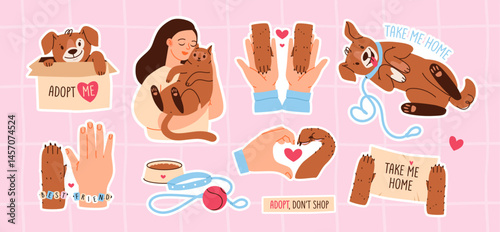 Pet adoption and rescue. Animal shelter. Adopt a friend vector sticker set. Cute animal adoption illustration with playful characters.