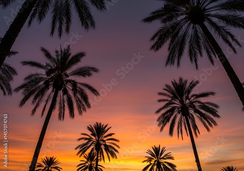 Silhouetted palm trees at sunset. Warm colors paint the sky.