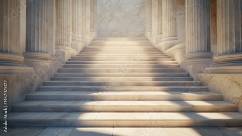 Grand marble staircase leading to an illuminated interior