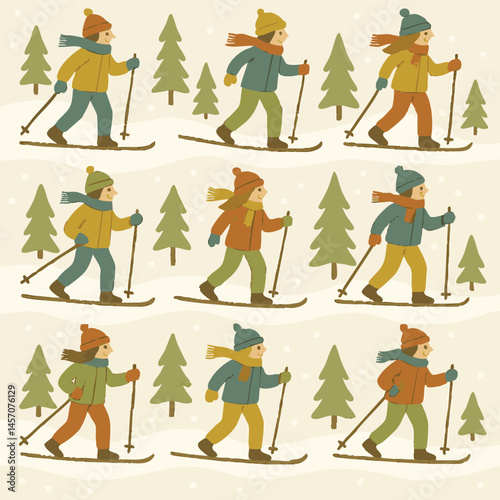 People skiing in the snow with trees in the background