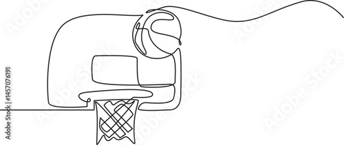 Basketball hoop with a ball in continuous line drawing. Minimalist design symbolizing scoring, sports, and teamwork. Editable Stroke.