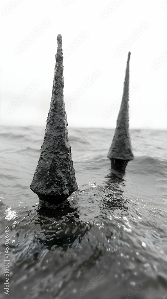 Fototapeta premium Two weathered, conical buoys bob in choppy ocean waves; misty, grey sky background. Perfect for maritime, environmental, or nautical themes