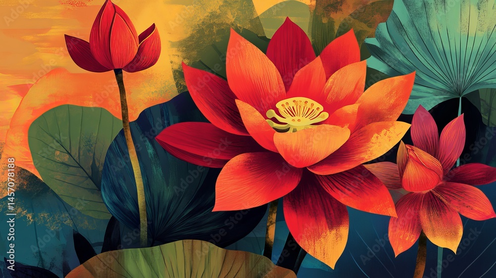 custom made wallpaper toronto digitalVibrant Red Lotus Flowers Artistic Botanical Illustration Dark Green Leaves Nature Inspired Digital Painting Stunning Floral Artwork Elegant Exotic Bloom High Resolution